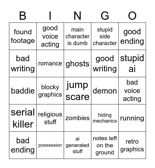 itch.io horror Bingo Card
