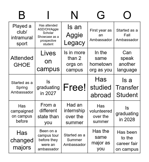Aggie Ambassador Bingo: "Find Your Herd" Bingo Card