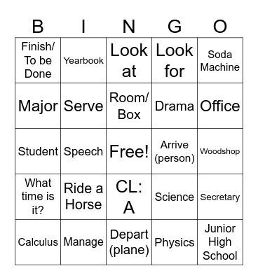 Unit 5 ASL Bingo Card