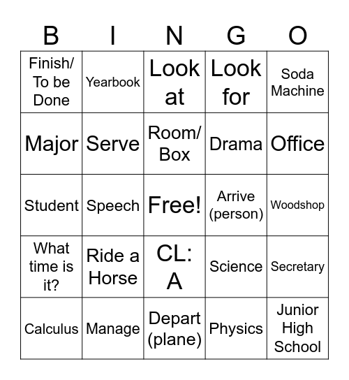 Unit 5 ASL Bingo Card