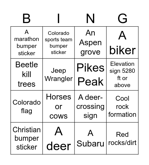 Colorado road trip Bingo Card