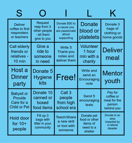 Serving Others in Loving Kindness BINGO Card