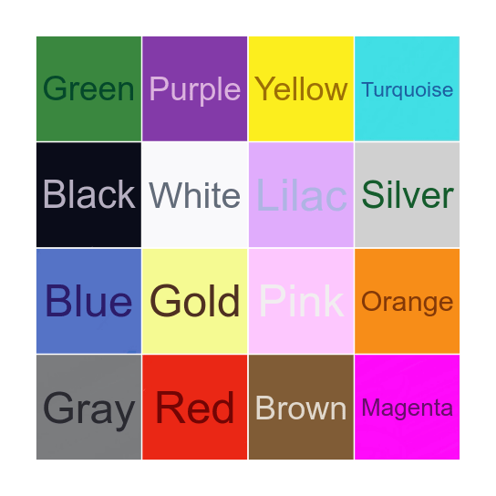 Colors Name Bingo Card
