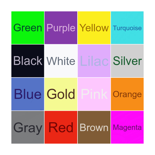 Colors Name Bingo Card
