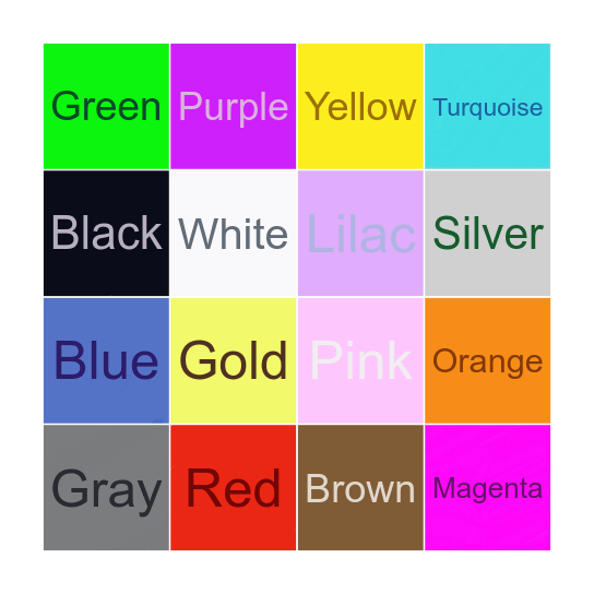 Colors Name Bingo Card