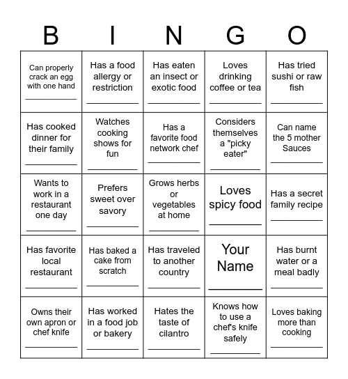Culinary Arts Bingo Card