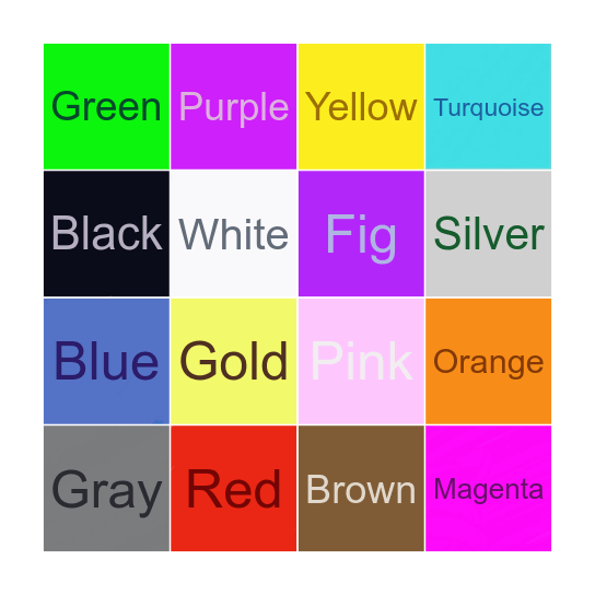 Colors Name Bingo Card