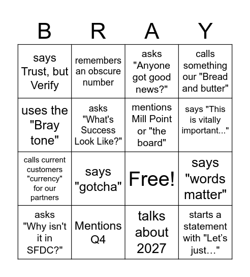 Bray Bingo Card