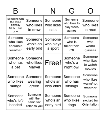 Orientation Bingo Card