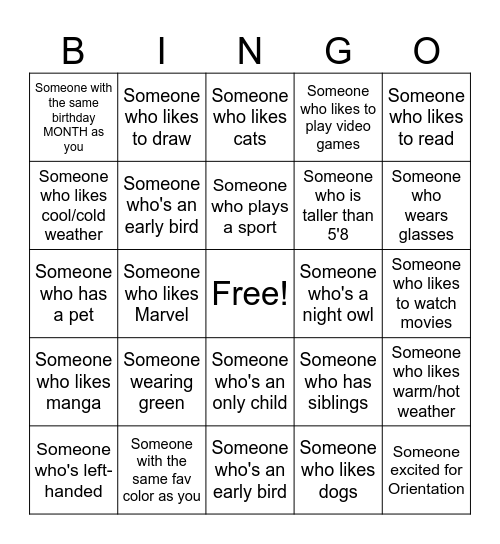 Orientation Bingo Card
