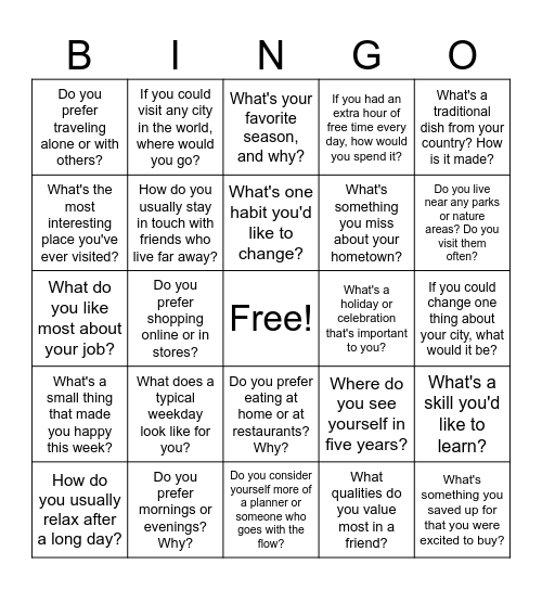 Conversation Bingo 3 Bingo Card