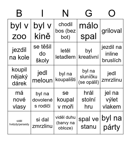 Prázdninové bingo - aktivity o prázdninách Bingo Card