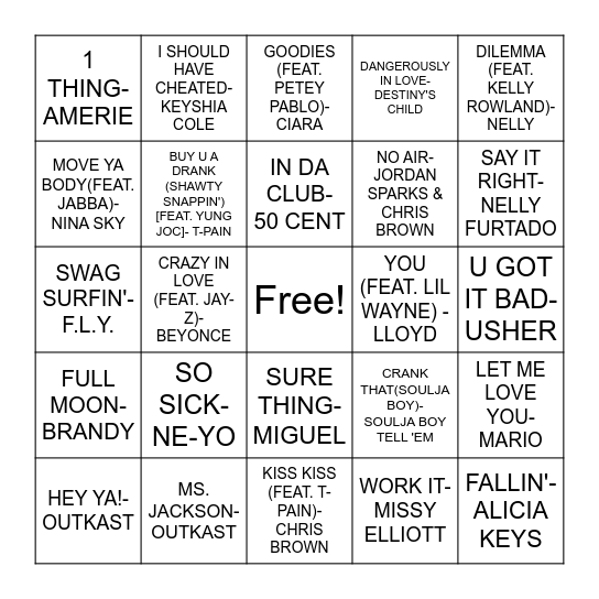 2000S R&B/ HIP HOP Bingo Card