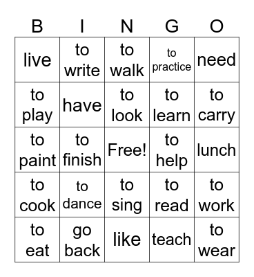 Spanish Verbs Bingo Card