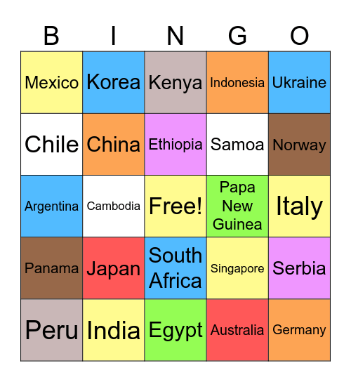 Countries of the world Bingo Card