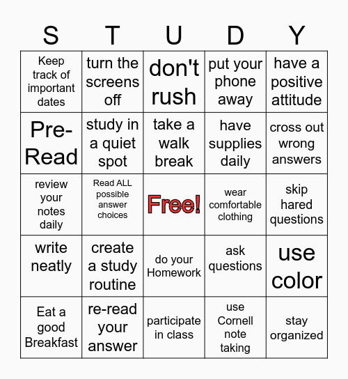Academic  Success Bingo Card