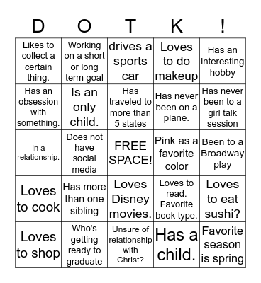 GET TO KNOW ME! Bingo Card