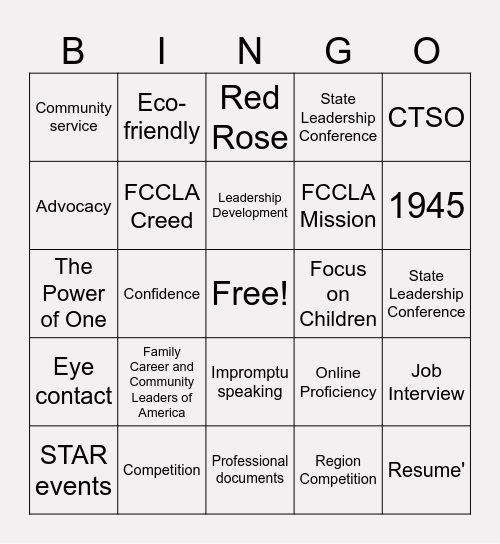 FCCLA Bingo Card