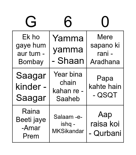 Bollywood Bingo Card