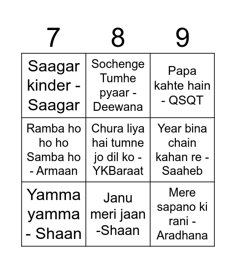 Bollywood Bingo Card