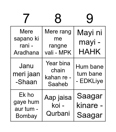 Bollywood Bingo Card