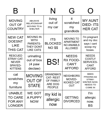 LAME EXCUSE Bingo Card