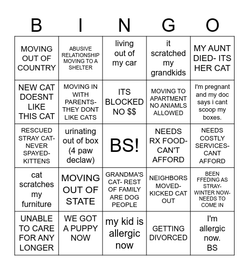 LAME EXCUSE Bingo Card