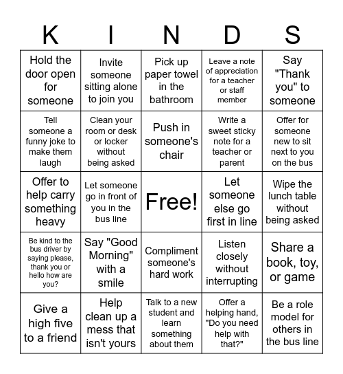 Kindness Goes A Long Way Bingo Card