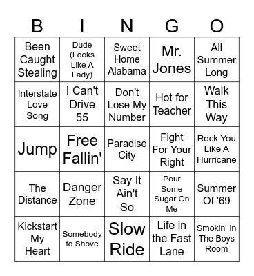 Classic Rock Bingo Card