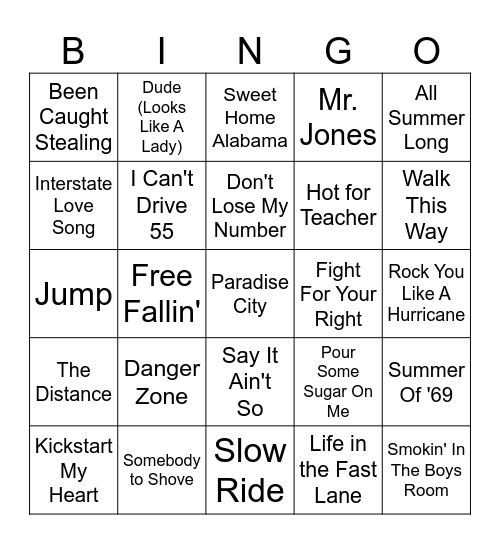 Classic Rock Bingo Card