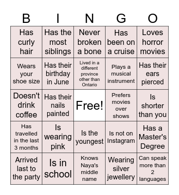 Naya's Birthday Bingo Card