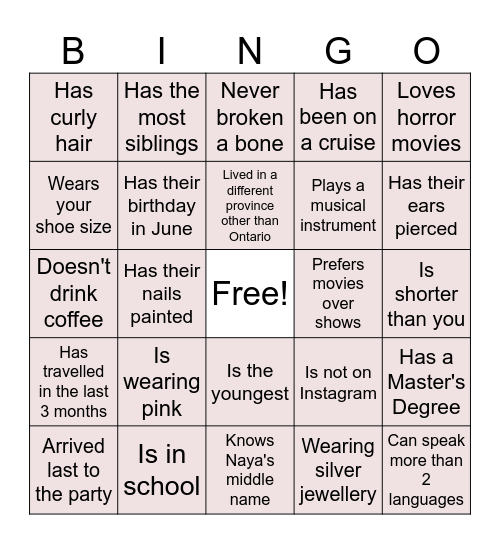 Naya's Birthday Bingo Card