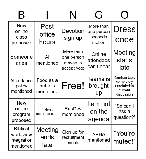 Department Meeting BINGO Card