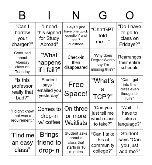 FA26 Back To School Add/Drop Bingo Card