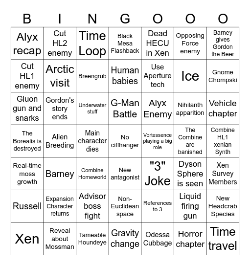Half-Life 3 Bingo Card
