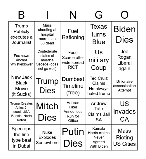 Predictions for the late August 26-27 Bingo Card