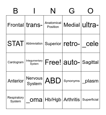 Unit 04 Med Term BINGO Card