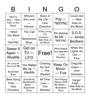 Boy Bands Bingo Card