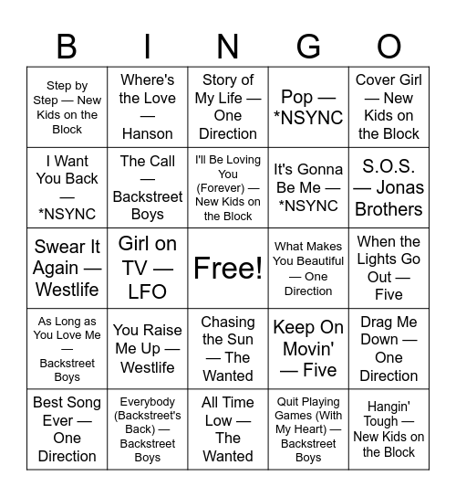 Boy Bands Bingo Card