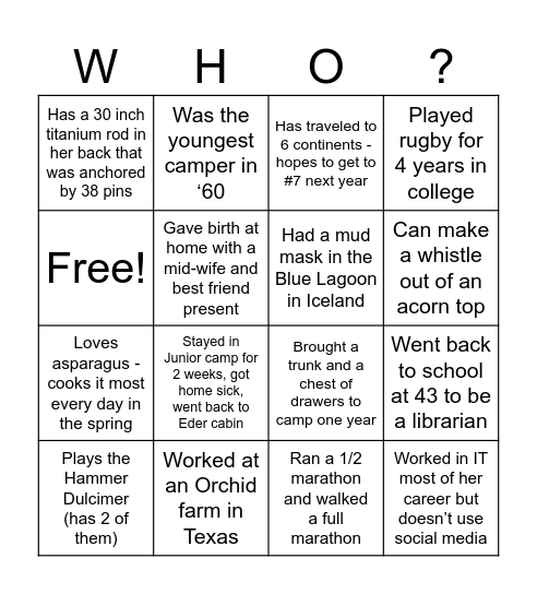 Getting to know campers part #1 Bingo Card