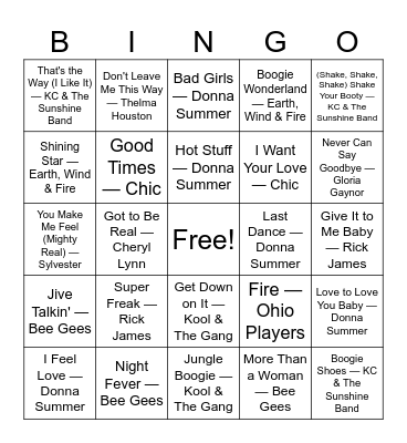 Disco/Funk Bingo Card