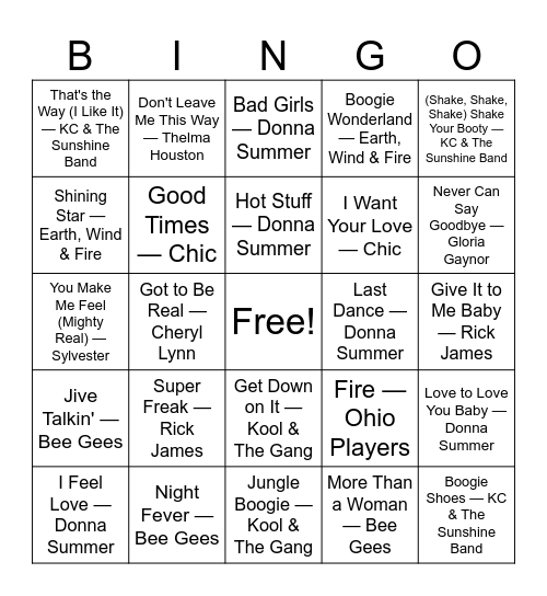 Disco/Funk Bingo Card