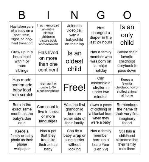 Baby Shower Bingo! Bingo Card