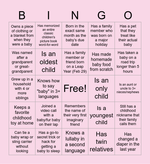 Baby Shower Bingo Card