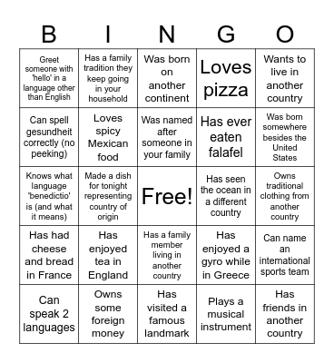International Bingo Card