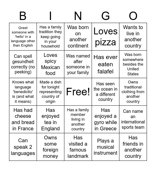 International Bingo Card