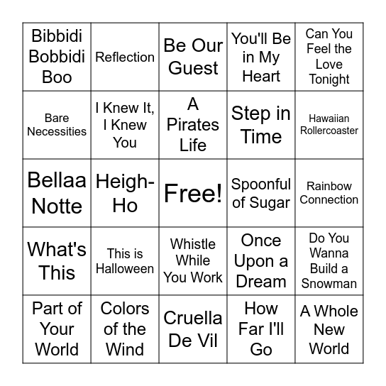 Disney - Songs Bingo Card