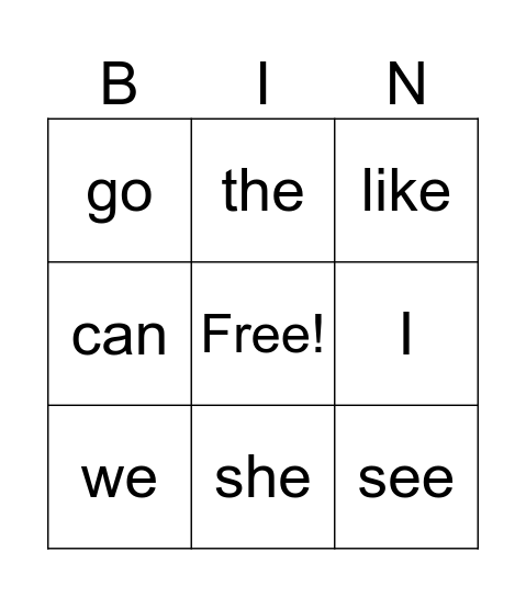 Sight Words Bingo Card