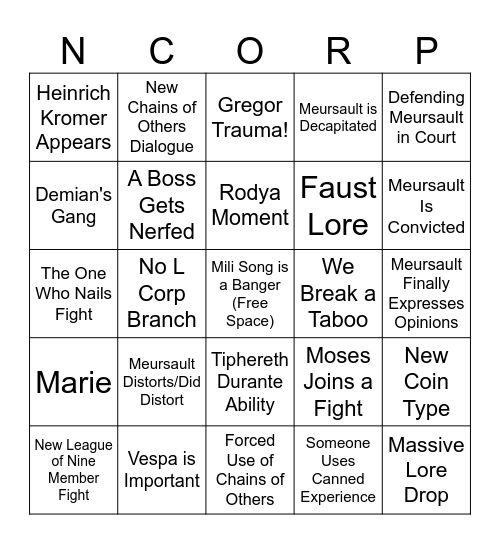 Canto X Bingo Card