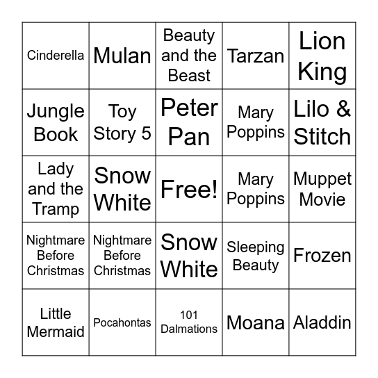 Disney - Movie Bingo Card